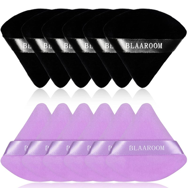 BLAAROOM 12 Pieces Velour Pure Cotton Powder Puff Face Makeup Triangle Powder Puffs for Loose Powder Wet Dry Cosmetic Foundation Beauty Sponge Makeup Tools -Black & Purple - Image 1
